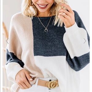 By the River Over The Top Navy Blue Tan Colorblock Drop Shoulder Sweater sz M/L